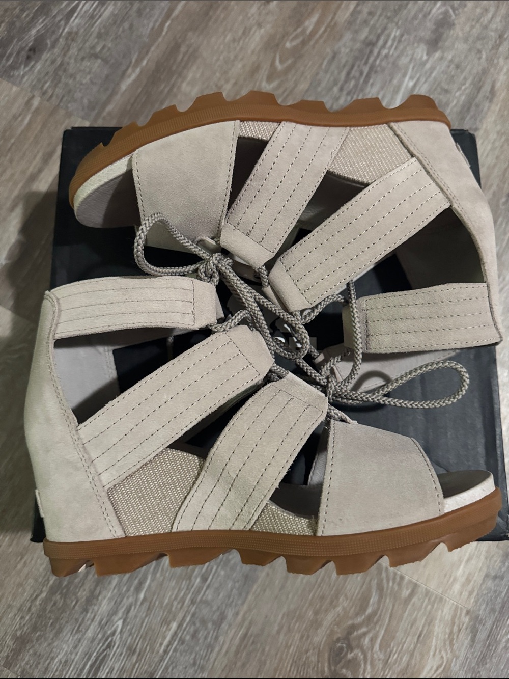 Sorel Beige Suede Lace-Up Gladiator Sandals with Gum Sole